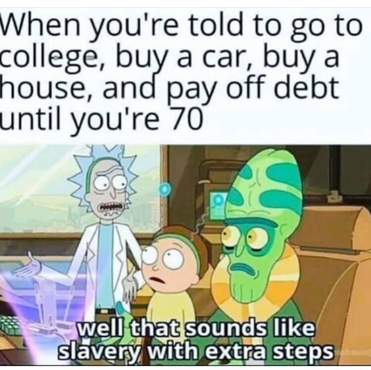 This meme is a humorous take on the common advice given to young adults to "study hard, get good grades, and get a good job." The image shows a scene from the animated TV show Rick and Morty, where Rick, Morty, and Mr. Poop-er (a giant, mutated creature) are in a spaceship. The text at the top reads, "When you're told to study hard, get good grades, and get a good job." The text at the bottom reads, "In reality, it's more like: 'Study hard, get good grades, and get a job that will eventually lead to you being a slave to your corporate overlords and having to work 80 hours a week for minimum wage.'"